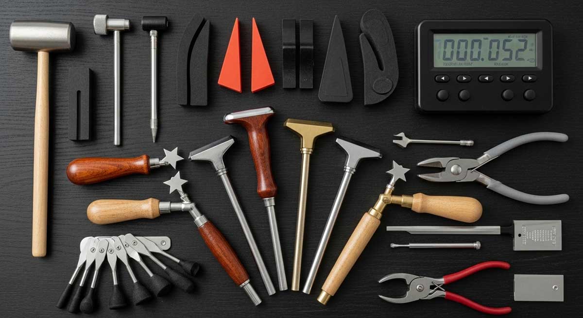 Photos of professional tuning tools in Vancouver, such as tuning levers, mutes, and electronic tuning devices.