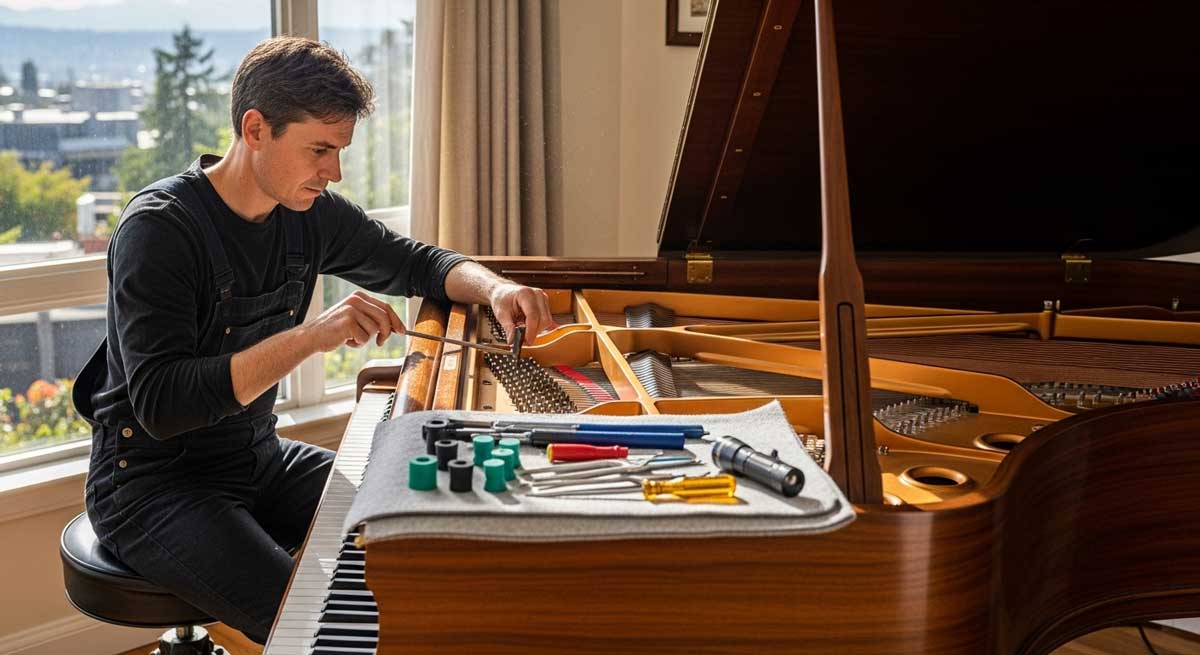 A high-quality photo of a piano being tuned in a Vancouver home, showcasing a technician at work with full detail of piano