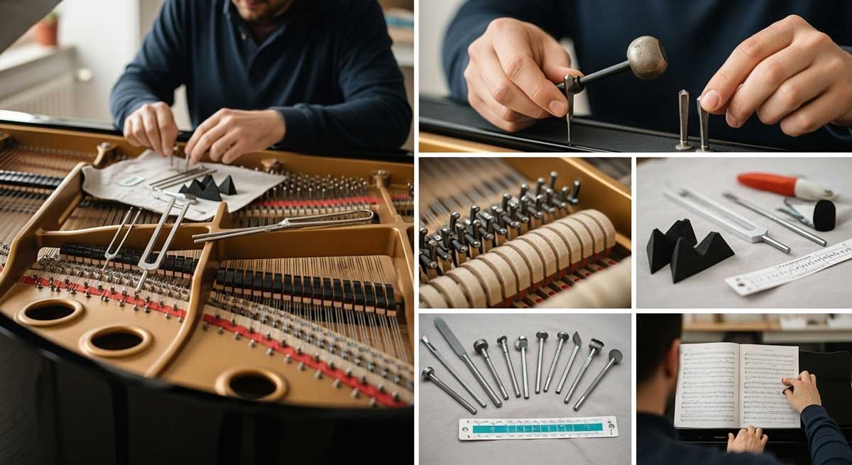 A series of photos showing the tuning process in Vancouver, including close-ups of tools, strings, and a technician at work.